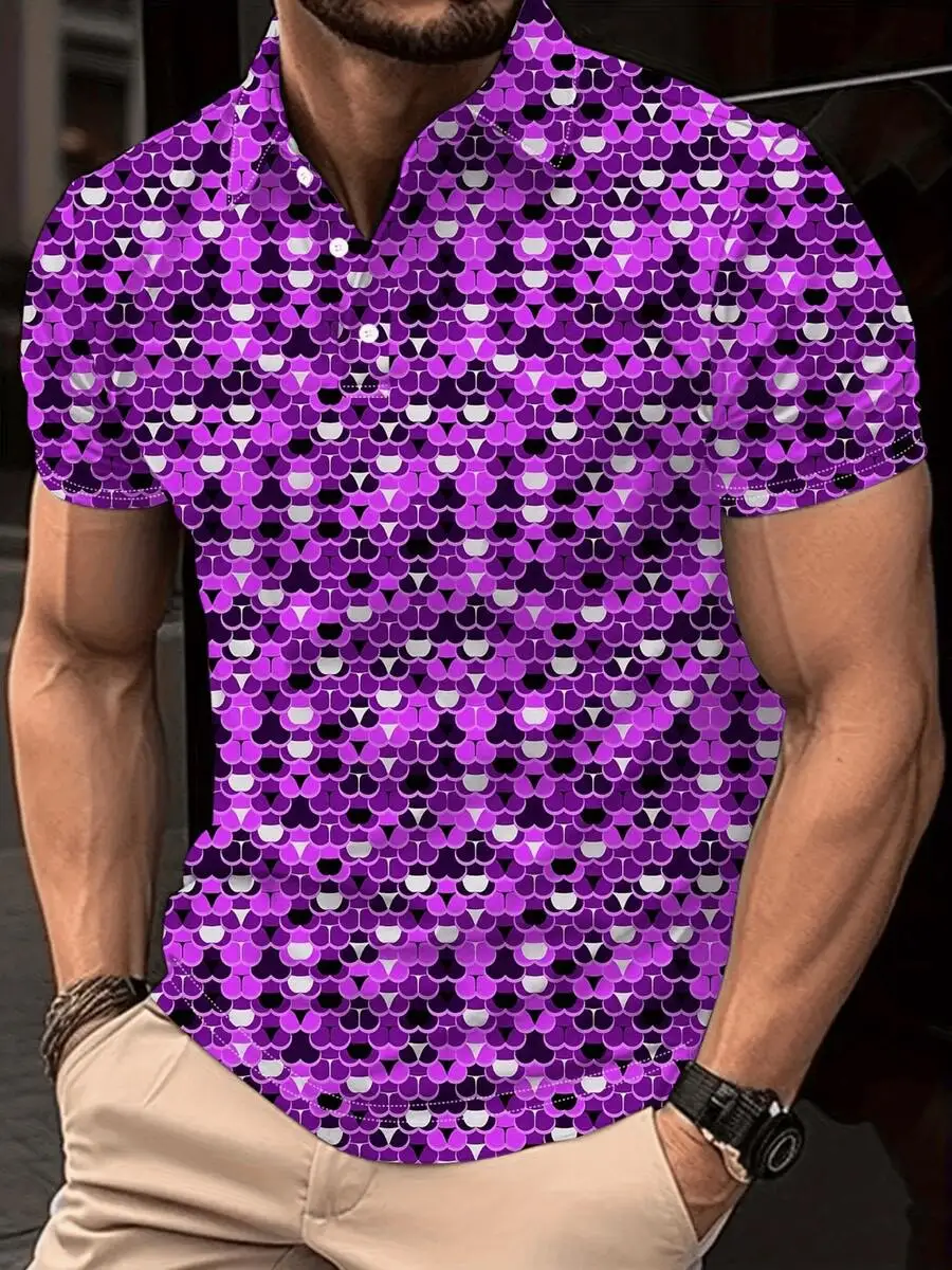 Purple 3D Printed Scaled Pattern Casual Short Sleeve Shirt For Men