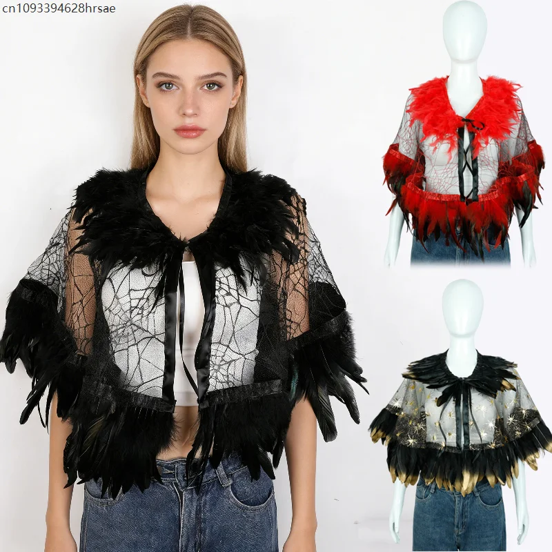 

Gothic Feather Cape Shawl for Women Spider Web Lace Sheer Shrug with Tie Cosplay Costume Performance Party Witchy Cover Up
