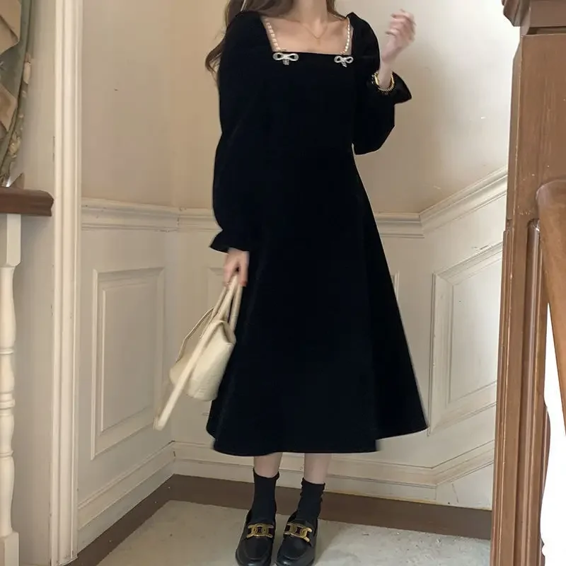 

Spring Autumn Velvet Beading Midi Dress Women Fashion Prom Luxury Party Evening Vestidos Korean Elegant Y2k Dress