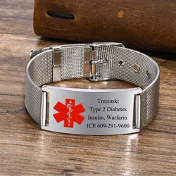 Braccialetti identificativi personalizzati per avvisi medici gratuiti per uomo, gioielli per il ghiaccio con cinturino in maglia di acciaio inossidabile impermeabile da 10mm/16mm di larghezza