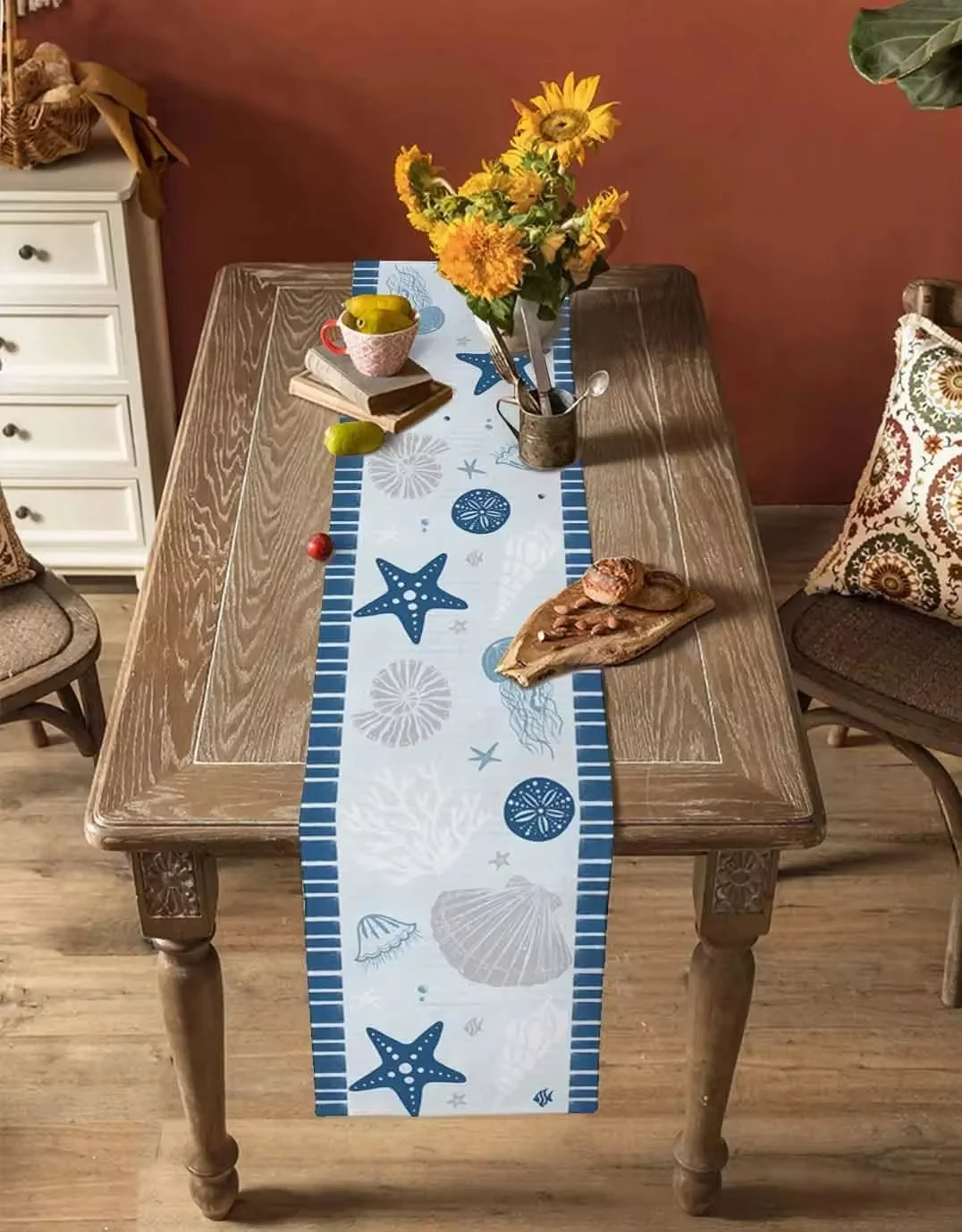 مفرش طاولة بلو أوشن مع مرجان قنديل البحر على شكل صدف نجم البحر، ديكور حفلات العطلات لطاولة طعام المطبخ #3