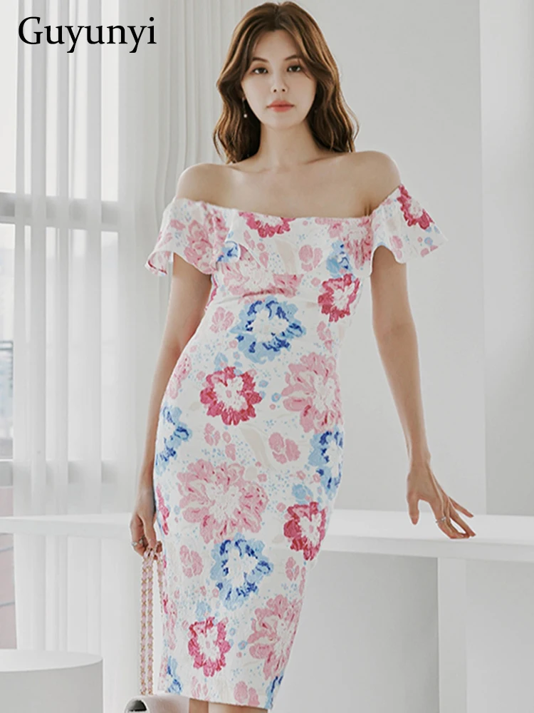 

High Street Flower Dress Summer Korean Version Sexy Shoulder Collar Ruffle Edge High Waist Slim Fit Elegant Party Dress Women