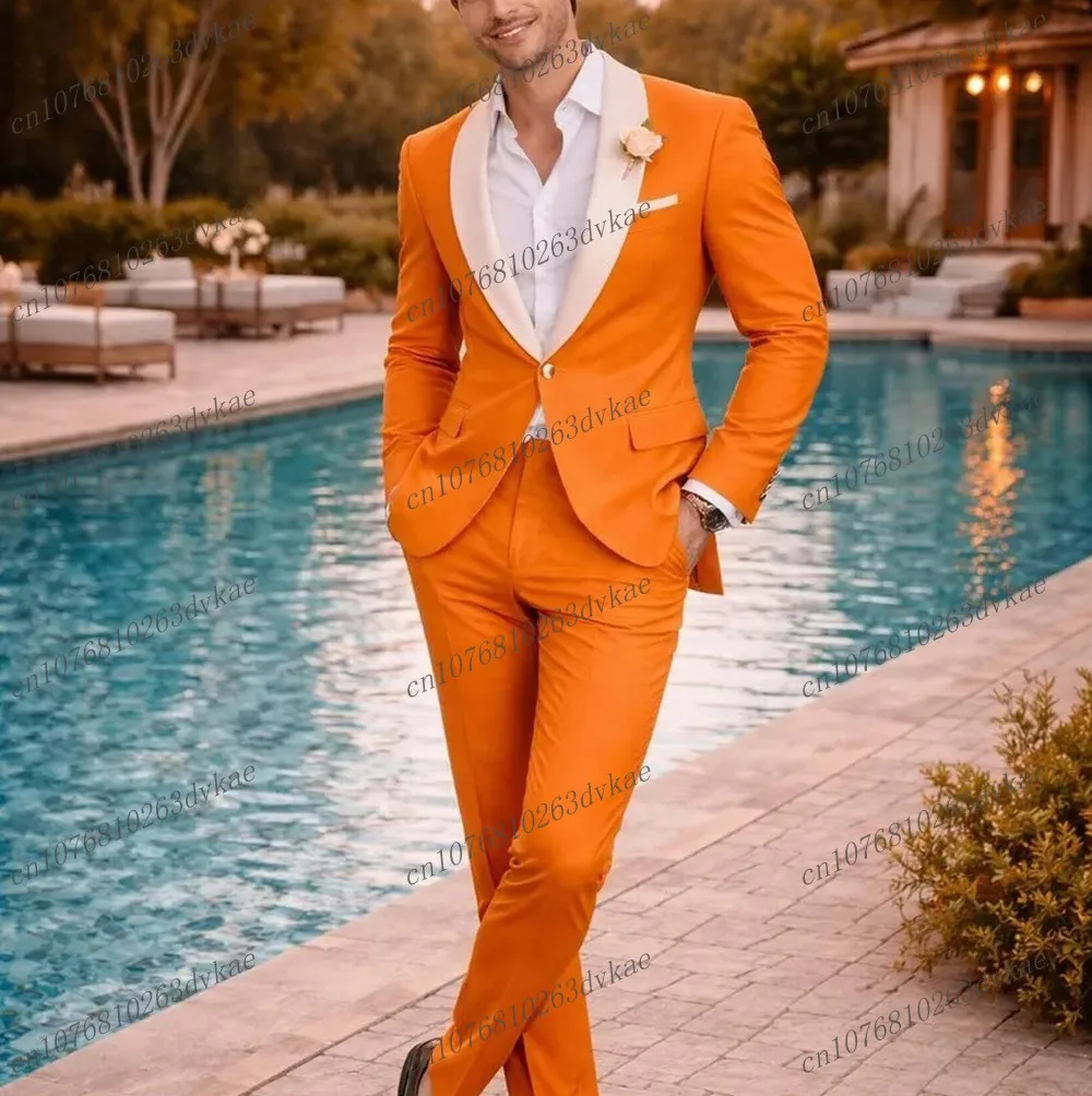 

New White Lapel Orange Business Men Suit Wedding Party Prom Groom Groomsman Formal Occasions Tuxedos 2 Piece Set Blazer Pants