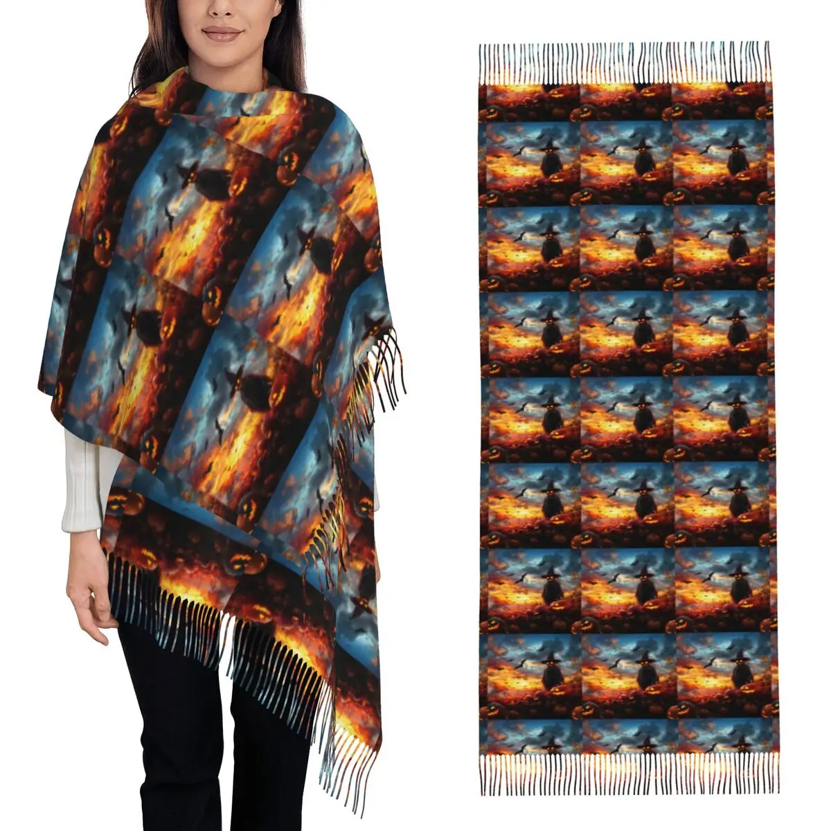 Halloween Pumpkin Scarecrow Scarf Tassel Scarves Women Soft Warm Shawls and Wraps Long Fall Winter Shawl Wrap