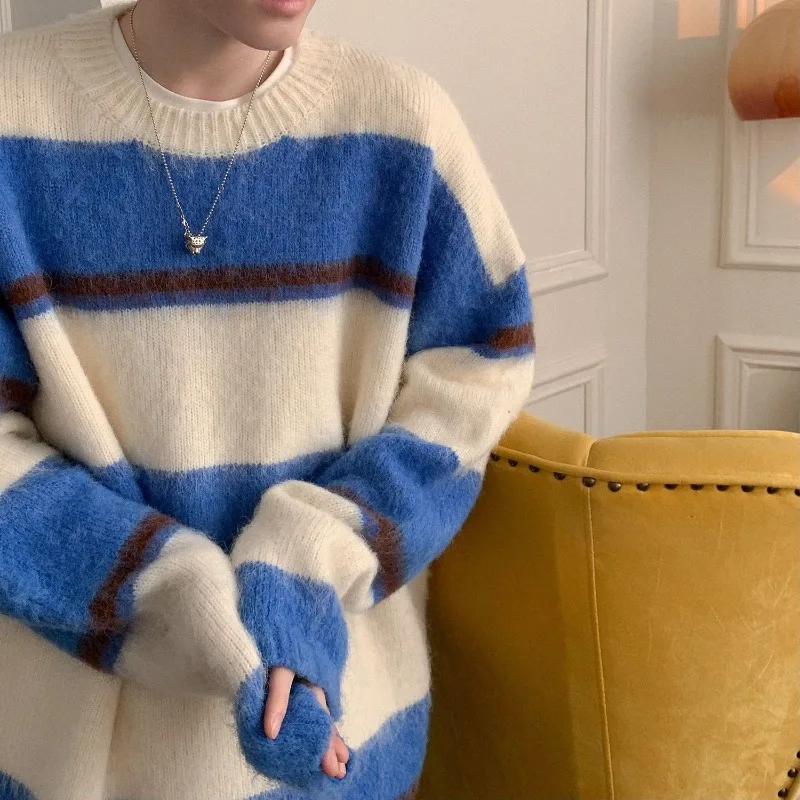 ربيع الخريف البلوز رجل سميكة الأزرق مخطط تريكو الكورية موضة ملابس طويلة الأكمام صفقات 2025 محبوك البلوزات للرجال