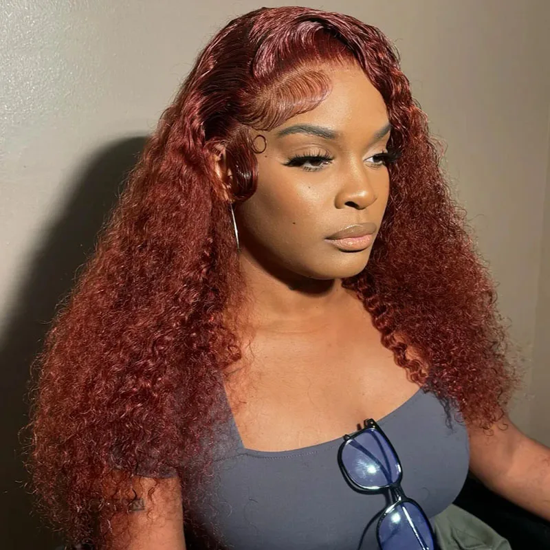 

Reddish Brown Jerry Curly 13x4 Lace Front Human Hair Wig Kinky Curly 360 HD Frontal Wig 13x6 HD Lace Lace Front Wigs Pre Plucked