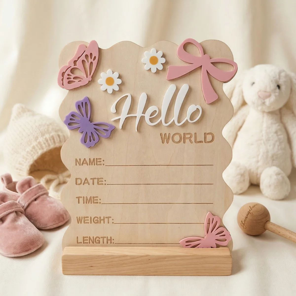

Декоративная табличка в стиле бохо с цветочным узором и бабочками, с волнистым краем, из натурального дерева, с объемными акриловыми буквами, для объявления о рождении ребенка, с надписью «Hello World»
