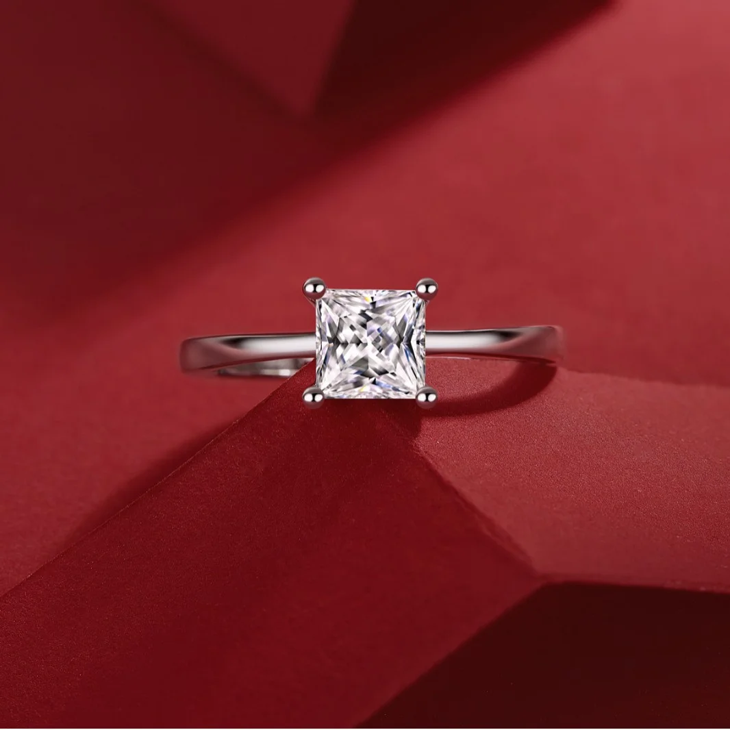 

Trendy 1CTTW Princess Cut Moissanite Ring for Women S925 Silver Adjustable Wedding Diamonds Band White Gold Plated Party Gift