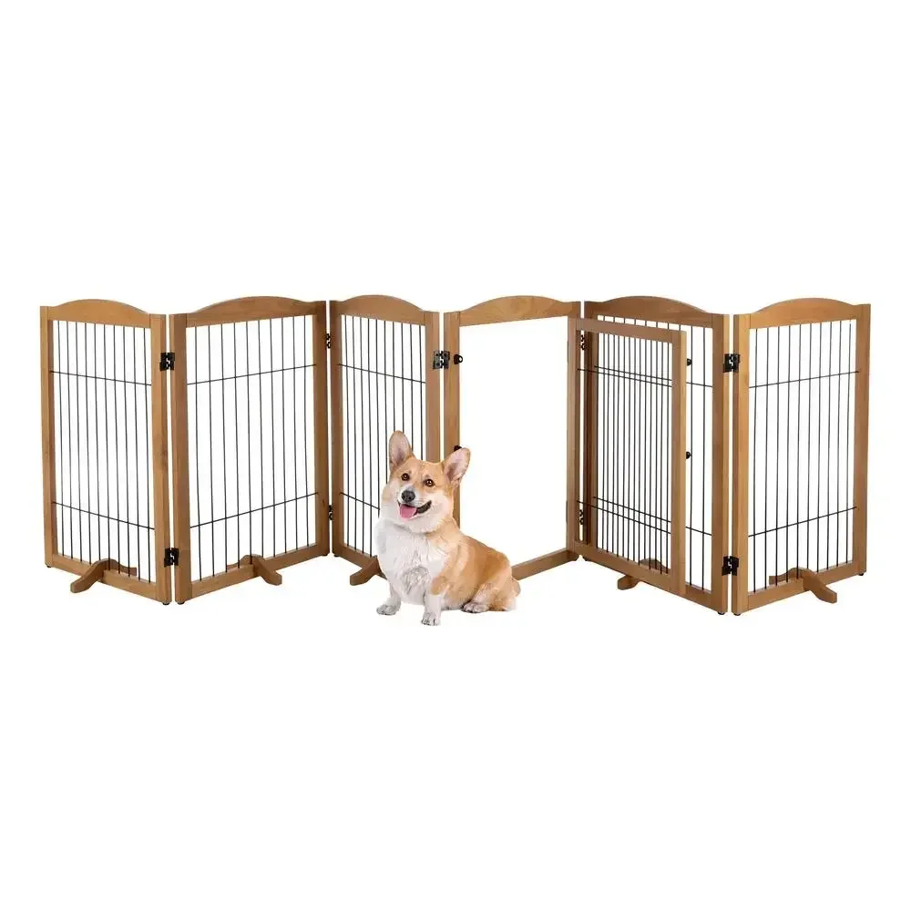 

6-Panel Foldable Freestanding Pet Gate Keep Pets Secure Lightweight Wood/Metal Construction Configurable as Playpen 31.5" Tall