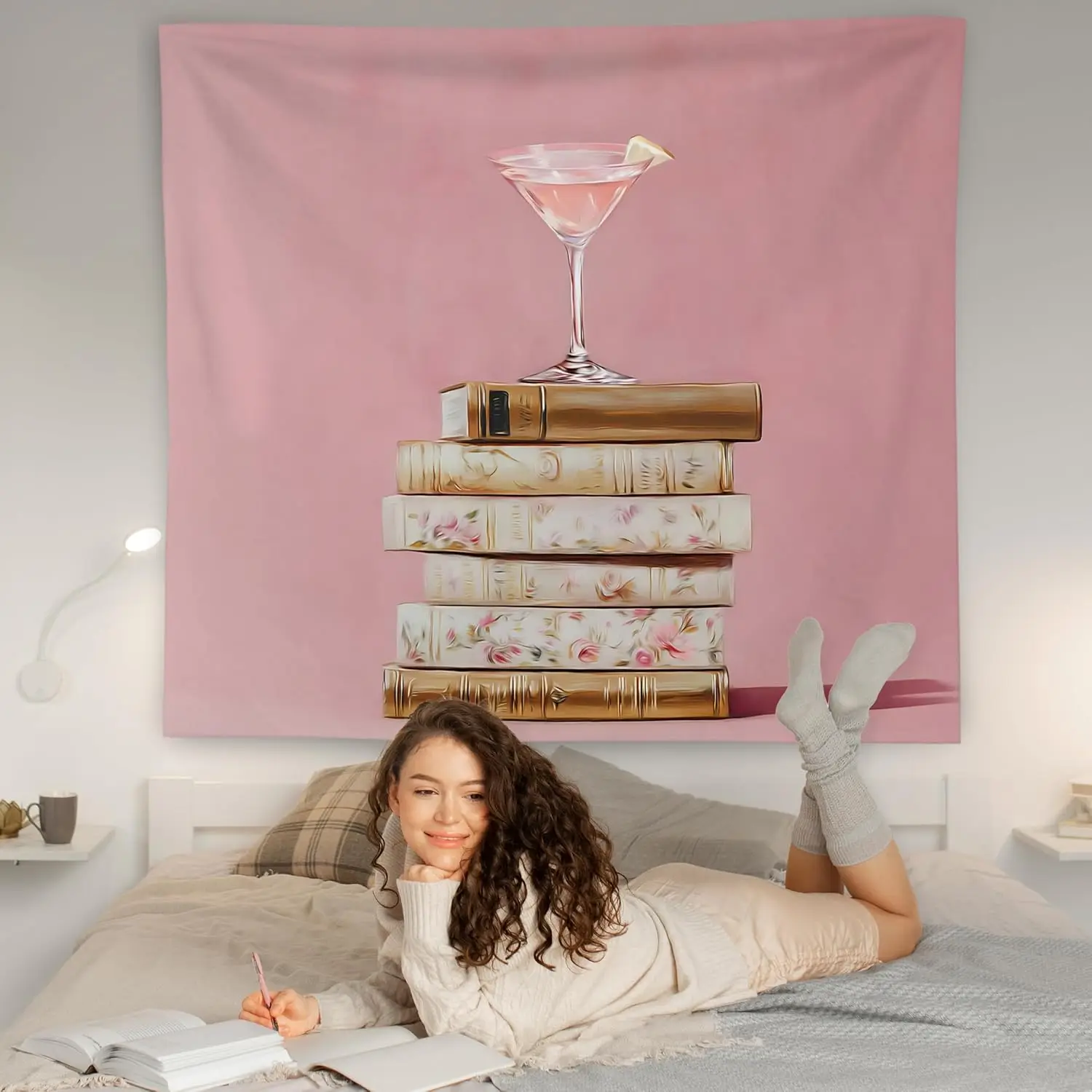 Martini Cocktail Tapestry - Stack of Vintage Books, Pink Background, Elegant Wall Art, Multiple Sizes