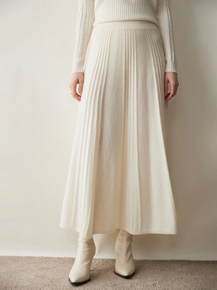 

Autumn Winter Woman's 100% Cashmere Skirt Elegant A-Line Pleated Ankle-Length High Waisted Soild Versatile Knit Dress High-end