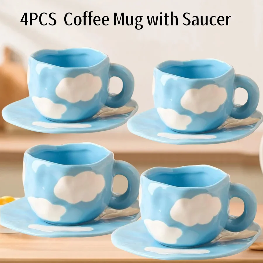 

Cute Coffee Mug with Saucer Set Hand-painted Ceramic Coffee Tea Cup 320ml for Latte Milk Breakfast Juice Tea Handle Cup Gift