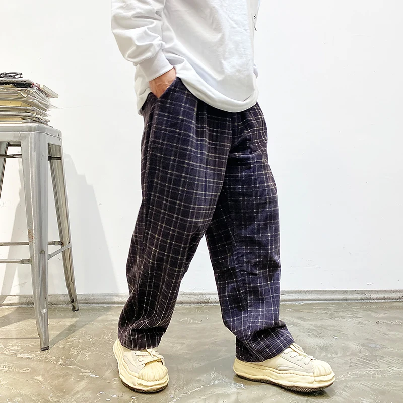 American Fashion Streetwear Loose Corduroy Checkered Trousers Men Clothing Japanese Harajuku Trendy Straight Casual Pants Male