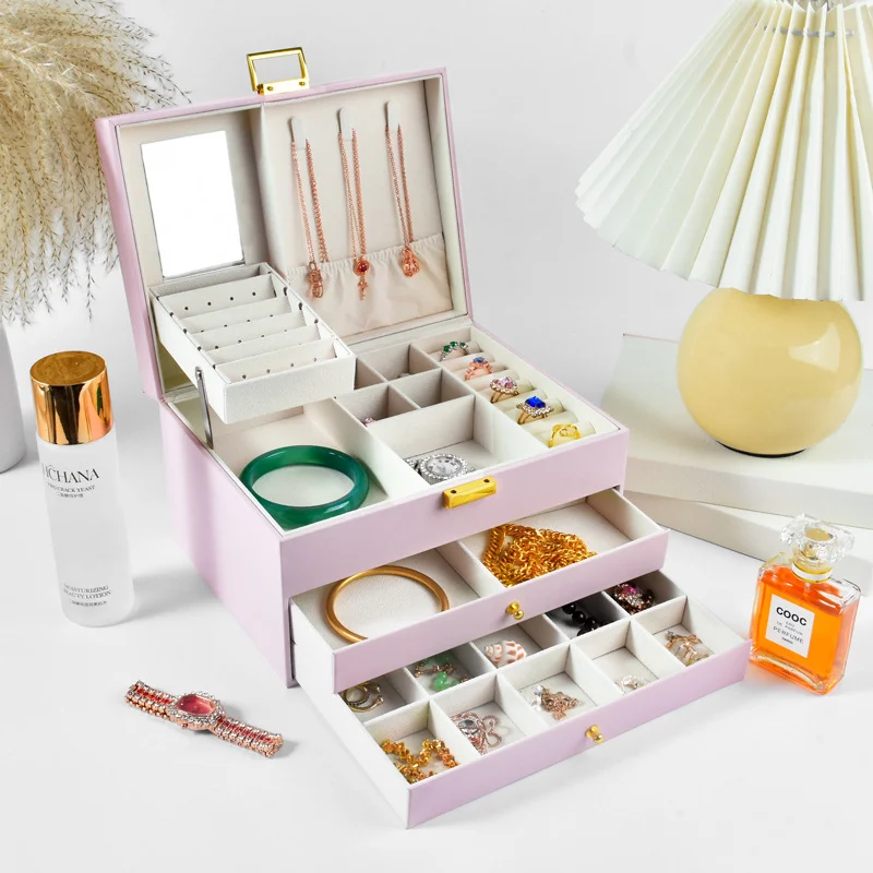 High-Quality PU Leather Three-layer  Drawer Type Dustproof Anti-oxidation Multi-functional Ring Earrings Necklace Storage Box