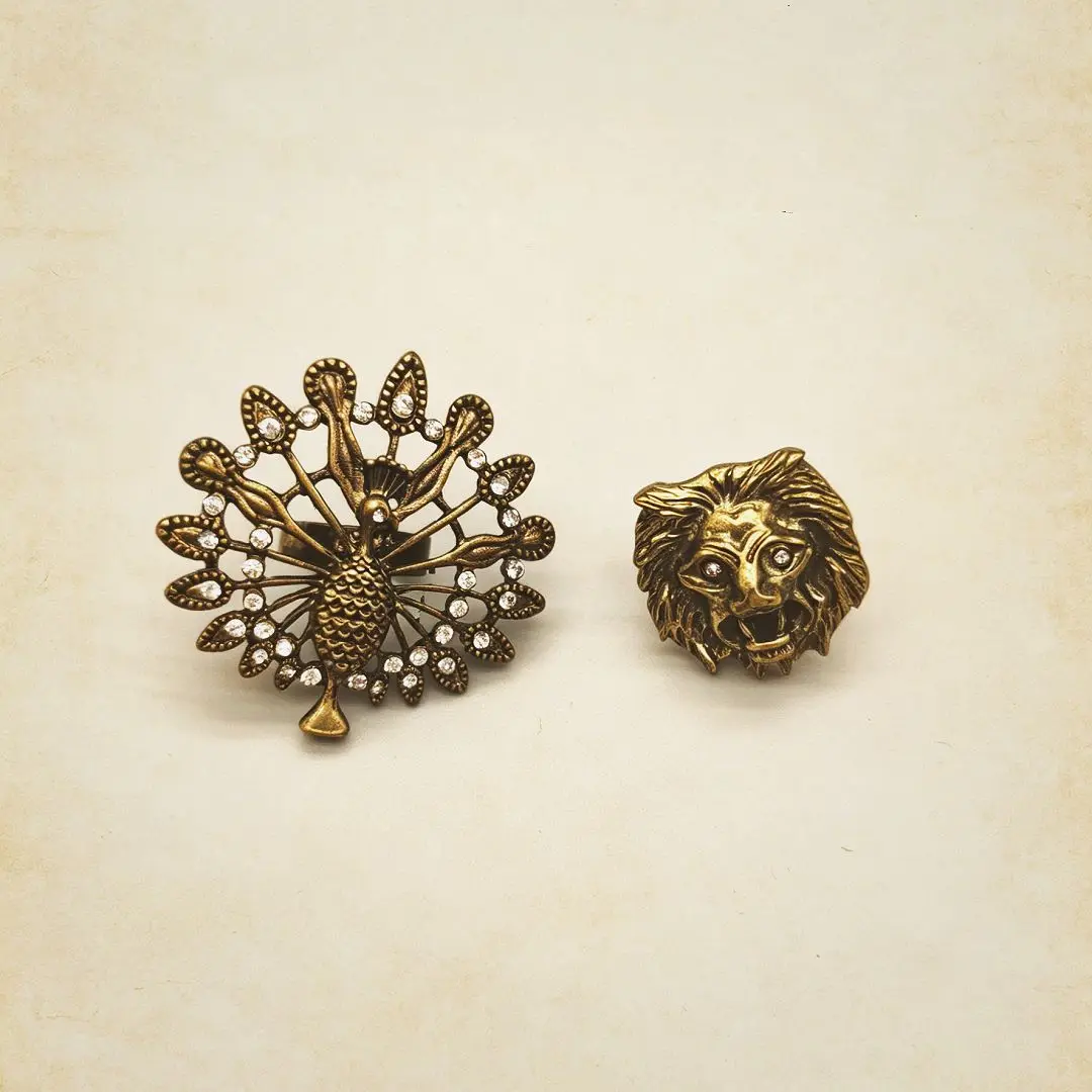 Vintage Peacock Spread Wings Lion Head Ring Rhinestone Inlaid Retro Distressed Adjustable Ring Jewelry for Women men 0087