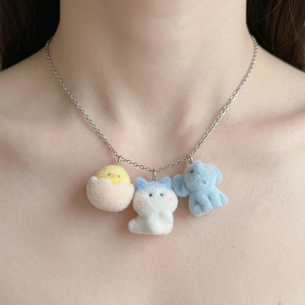 New cute flocking three-dimensional cartoon small animal pendant puppy chick necklace cute fashion woman