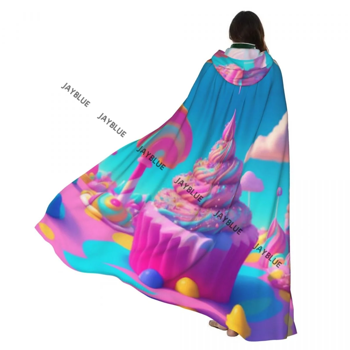 

Красочные конфелиндры с кексами, конфетами, мороженым, облаками, плащ с капюшоном, полиэстер, унисекс, накидка ведьмы, аксессуар для костюма