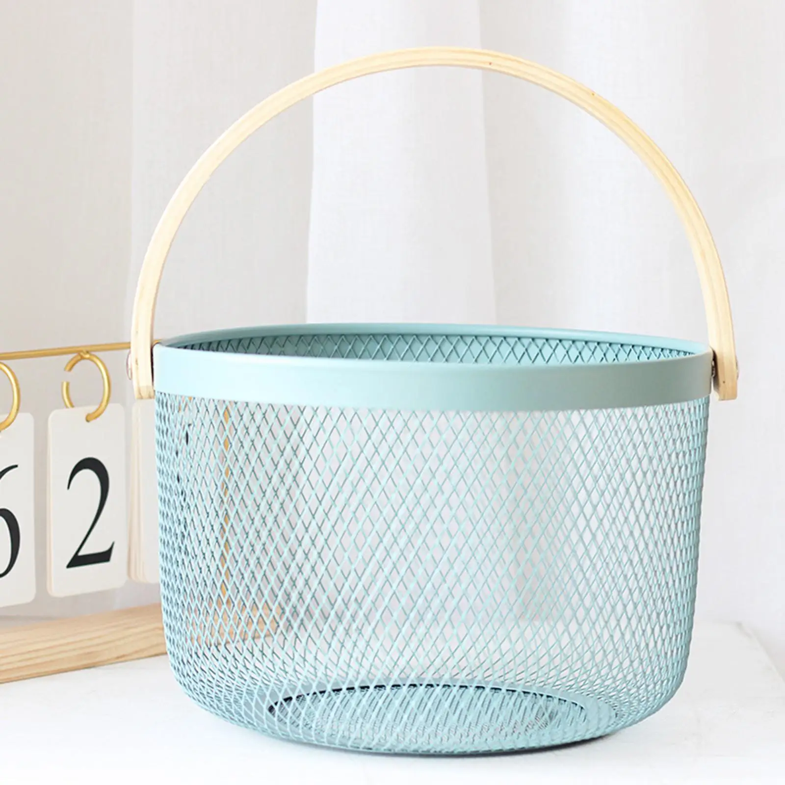 Net Basket Metal Anti Corrosion Multifunctional Hanging Kitchen Wooden Handle Mesh Steel Storage Durable