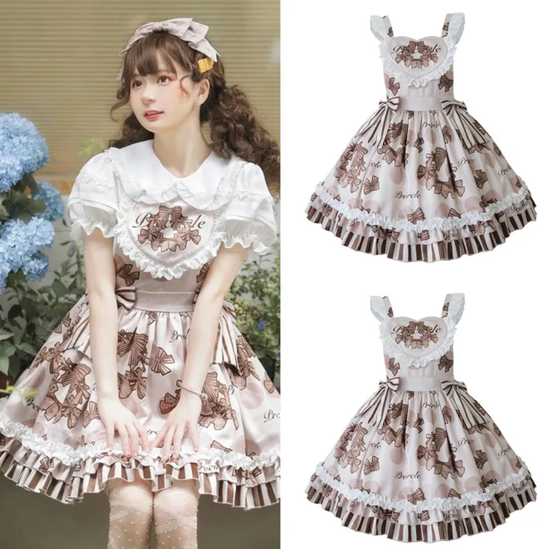 

Bow Chocolate Wreath Dresses Kawaii Y2K Original Lolita Print A-Line Dresses Sweet Cute Strap Skirt Lolita Fashion Outfit New