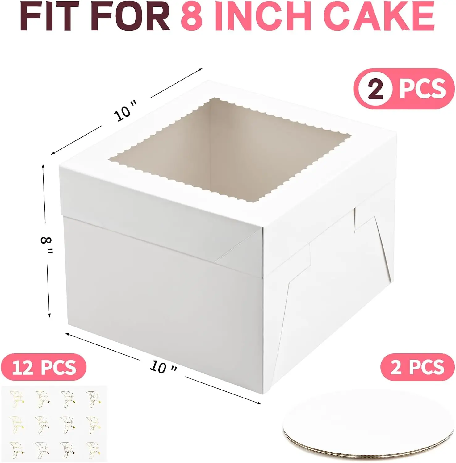 2 Pack 10x10x8 Inch Tall Cake Boxes with Window And Cake Boards Food Grade Disposable Containers for Wedding Birthday Party