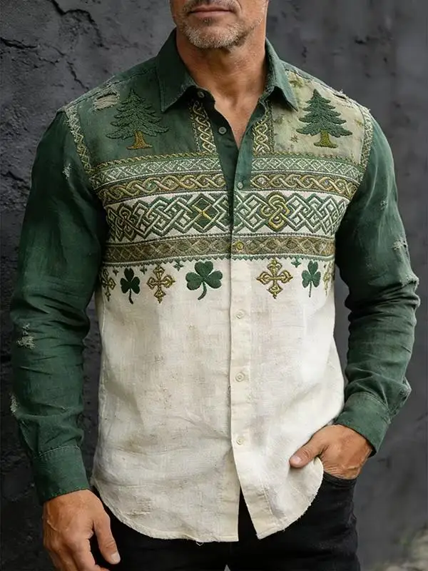 New Retro Patchwork Chinese Style Flower And Bird Print men's Long Sleeved Shirt Artistic Casual Shirt Clothing