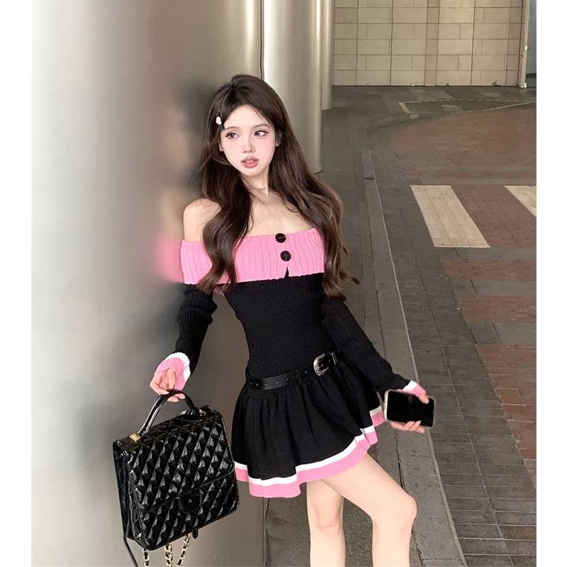 MEXZT Y2K Gestrickte Mini Kleid Frauen Sexy Slash Neck Patchwork Kleider Winter Gyaru Mode Koreanische Langarm Bodycon Vestidos