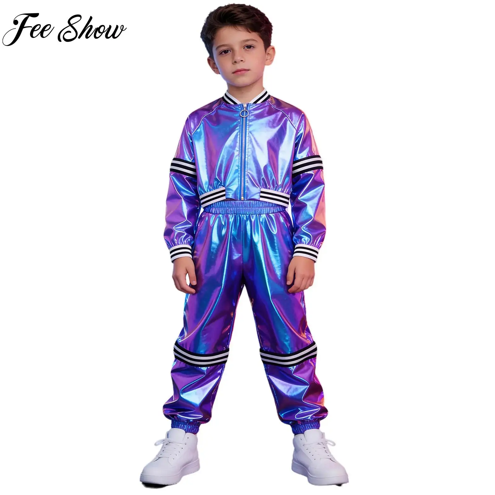 

Детский костюм унисекс для джазовых танцев, хип-хопа и уличных выступлений: куртка с длинными рукавами на молнии с полосками для мальчиков и девочек + металлизированные брюки (комплект)