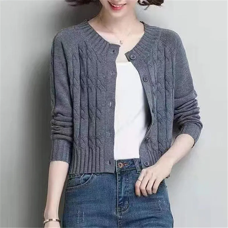 Cardigan de malha curta para mulheres, suéteres vintage, casaco primavera, top outono, malhas femininas, novo