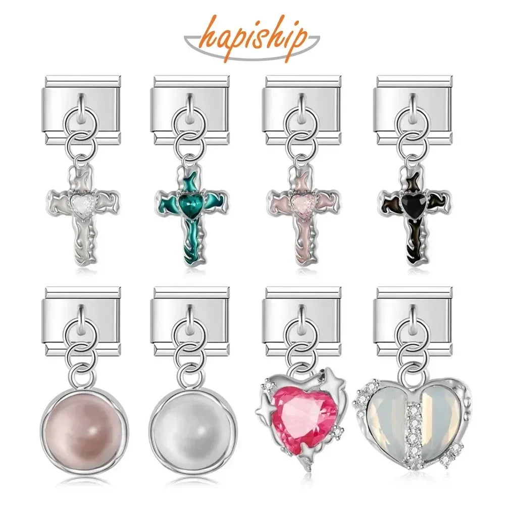 Hapiship 2024 New Women Romantic Heart Cross Round Charm Links Fit 9mm Bracelet Stainless Steel Making DIY Gift Jewelry DJ755