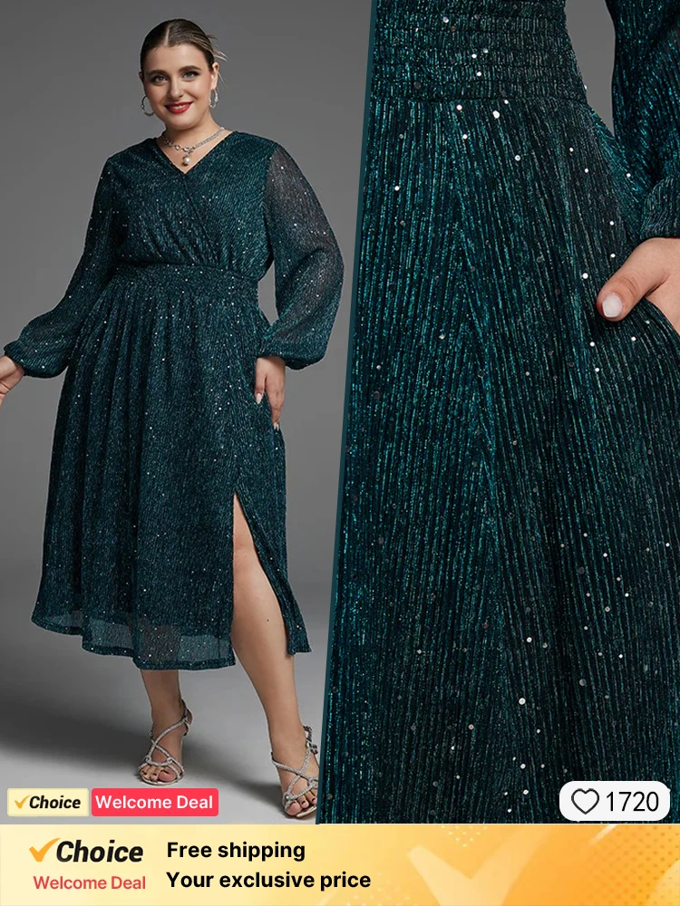 Green chiffon plus size dress, fashionable V-neck women's dress, elegant sequin waist slit evening dress, casual vacation dress