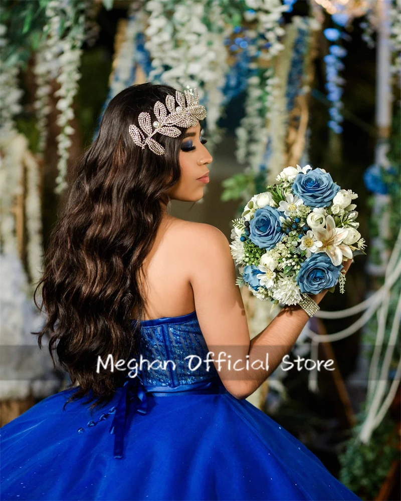 Vestidos de quinceañera con hombros descubiertos, color azul real de México, apliques de cuentas, vestido de lujo para cumpleaños de 2025, vestido con volantes, dulce 15 personalizado