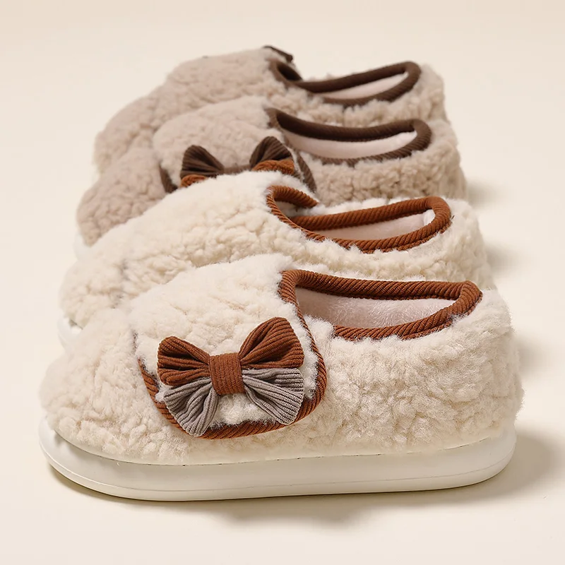 Cute Bowknot Winter Slippers Women Fluffy Lamb Fleece House Shoes Soft Plush Warm Full Wrap Heel Booties Thick Sole Indoor Mules