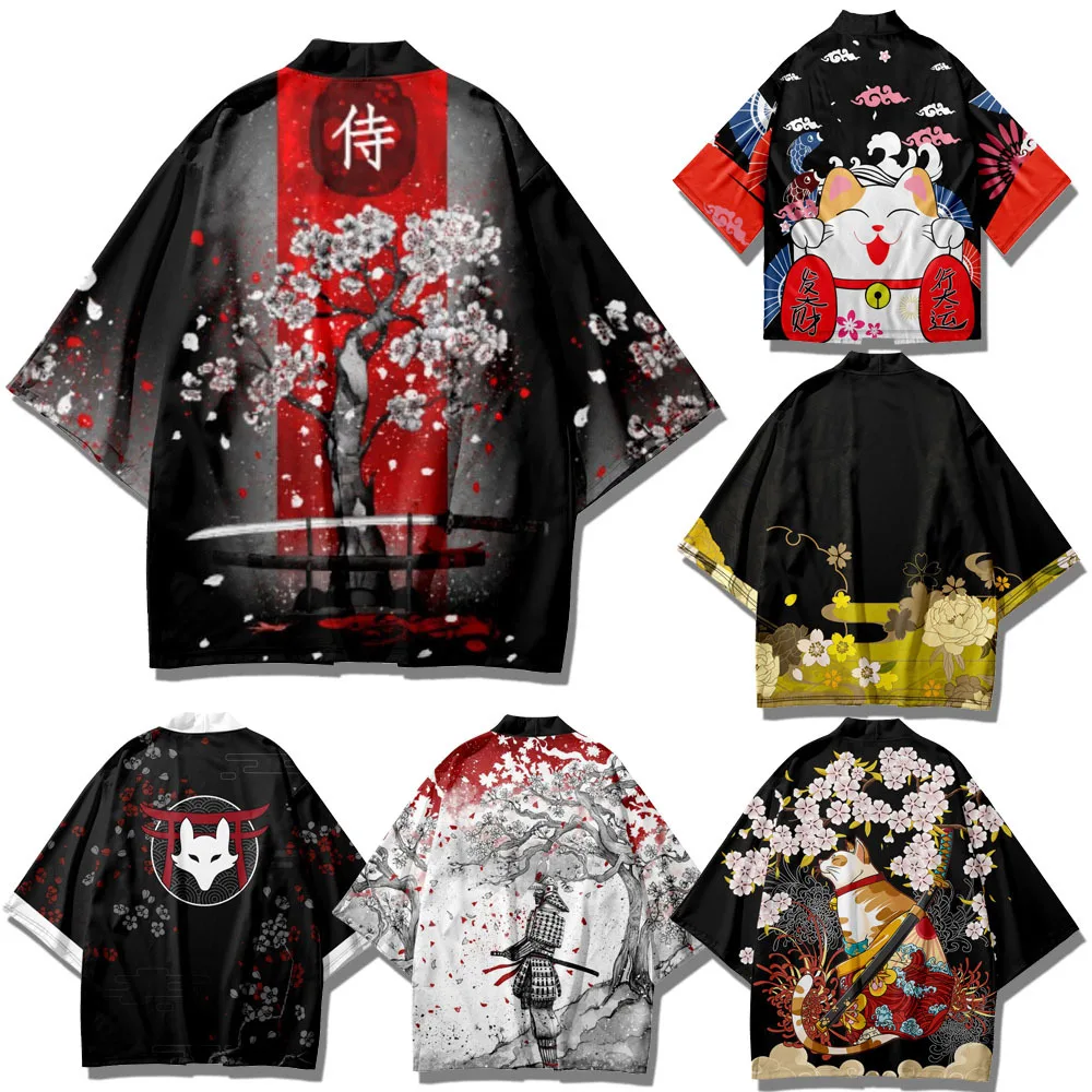 

Japanese Kimono Cardigan Creative Elements Feather Weaving 3D Printed Men and Women Quarter Sleeved Casual Home Robe Cape