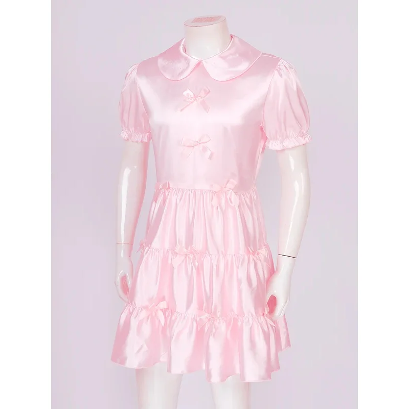 Uniforme de sirviente de Halloween para hombre, disfraz de Cosplay de satén con manga abombada, vestido con volantes y lazo, Fiesta Temática de sirvienta Sissy, ropa para discoteca