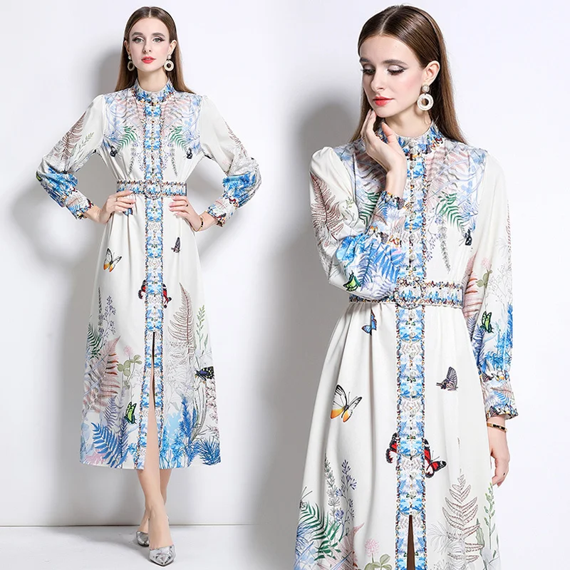 Mode Lange Mouw Bloemen Maxi Jurk Shirt Vrouwen Zomer Herfst Moslim Bloem Jurken Een Lijn Losse Riem Bohemian Party Vestidos