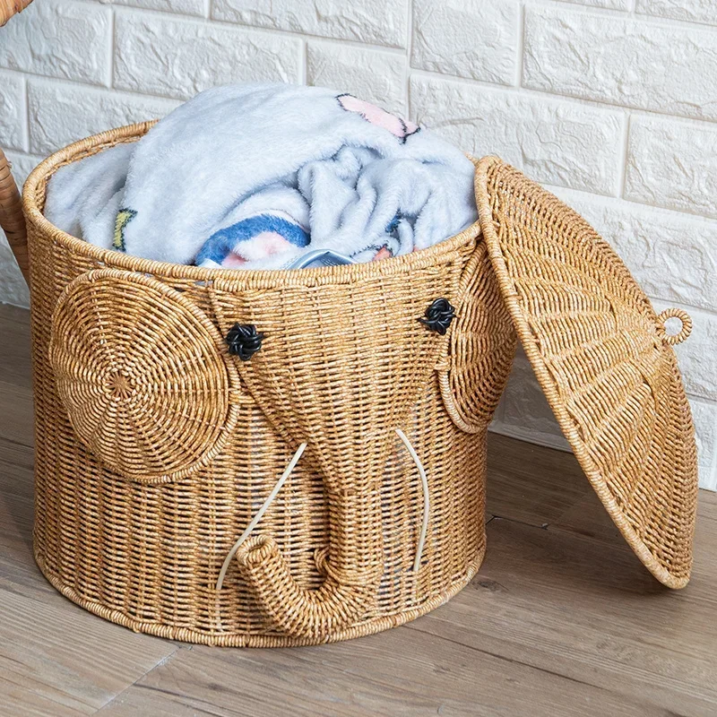 

Kid's Toy Storage Basket Creative Elephant Dirty Clothes Bucket Imitation Vine Weaving Laundry Hamper Living Room Organizer Box