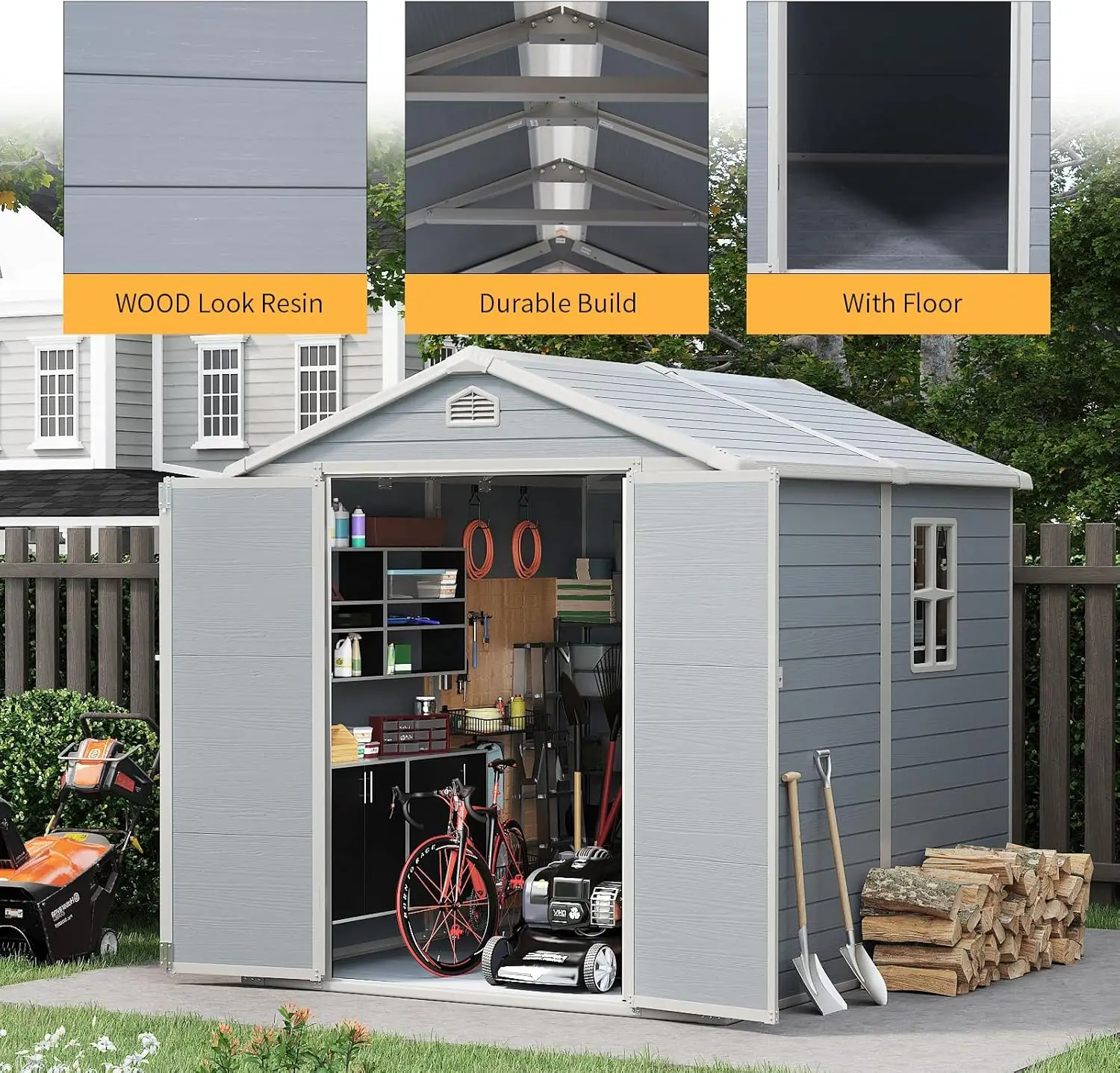 Aoxun 8’x6’ Outdoor Resin Utility Tool Shed Storage House with Lockable Door,for Backyard,Patio Furniture,Bikes/Pool Accessories