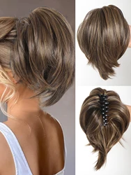 Extensões sintéticas de cabelo rabo de cavalo curto para mulheres, cabelo dobrável de metal, peruca reta bagunçado, clipe de garra, DIY