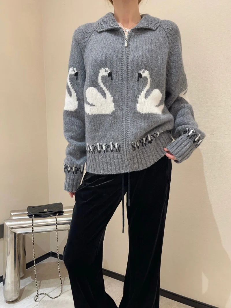 2024L * P Autumn/Winter New Women's Sweater Fashion High Quality Long Sleeve Collar Knitted Wool Lace Cardigan Jacket Top Coat