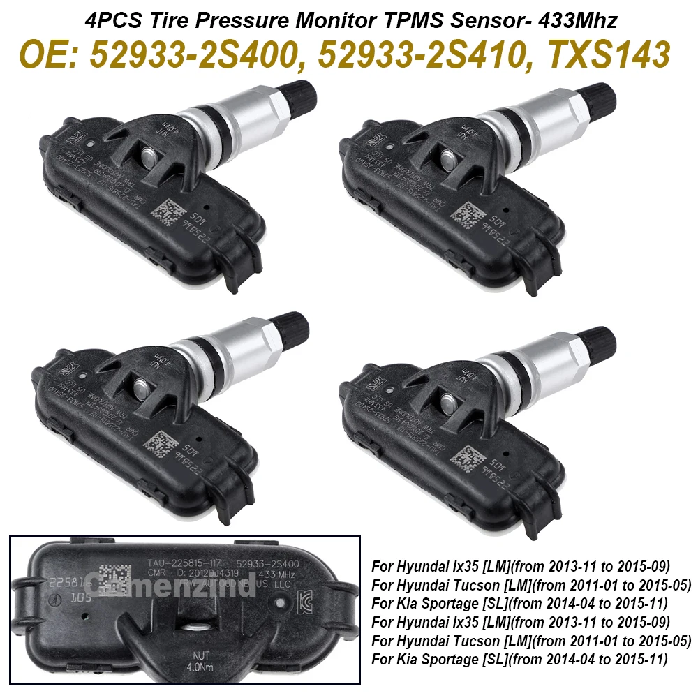 

4 шт. 52933-2S400 52933-2S410 TXS143 датчик давления в шинах TPMS 433 МГц 529332S400 для Hyundai Ix35 Tucson для Kia Sportage