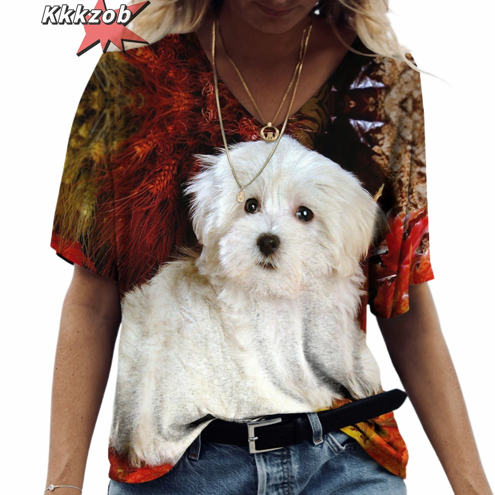 3D Print Pet Dog Summer Fashion 2024 Hot Sale Ladies T Shirt Short Sleeve Tops V Neck Streetwear Harajuku Casual Pullover