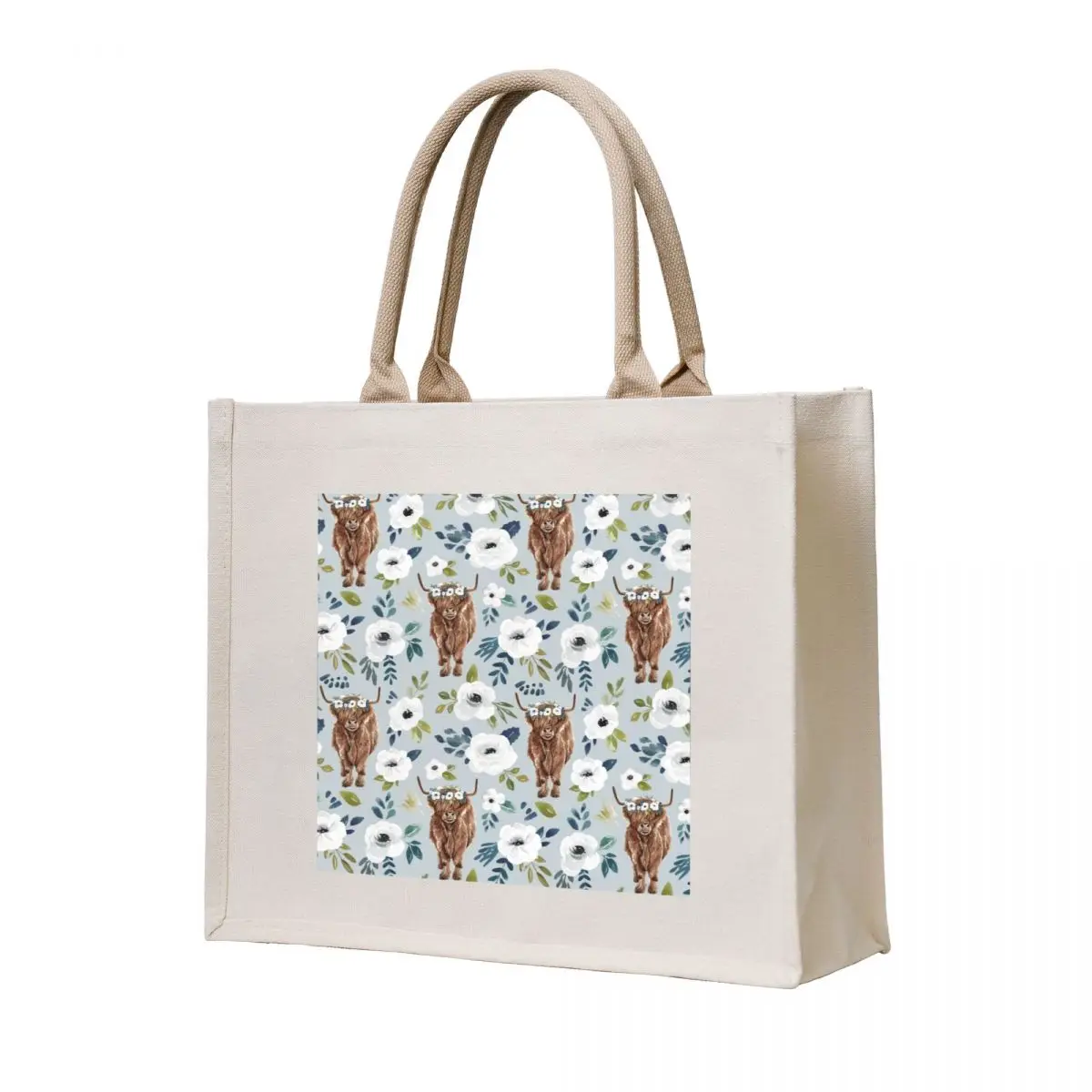 

Highland Cow with Flowers, Blue, Floral Crown, Cow Painting, Farmhouse Decor Tote Bag canvas tote bags the tote bag