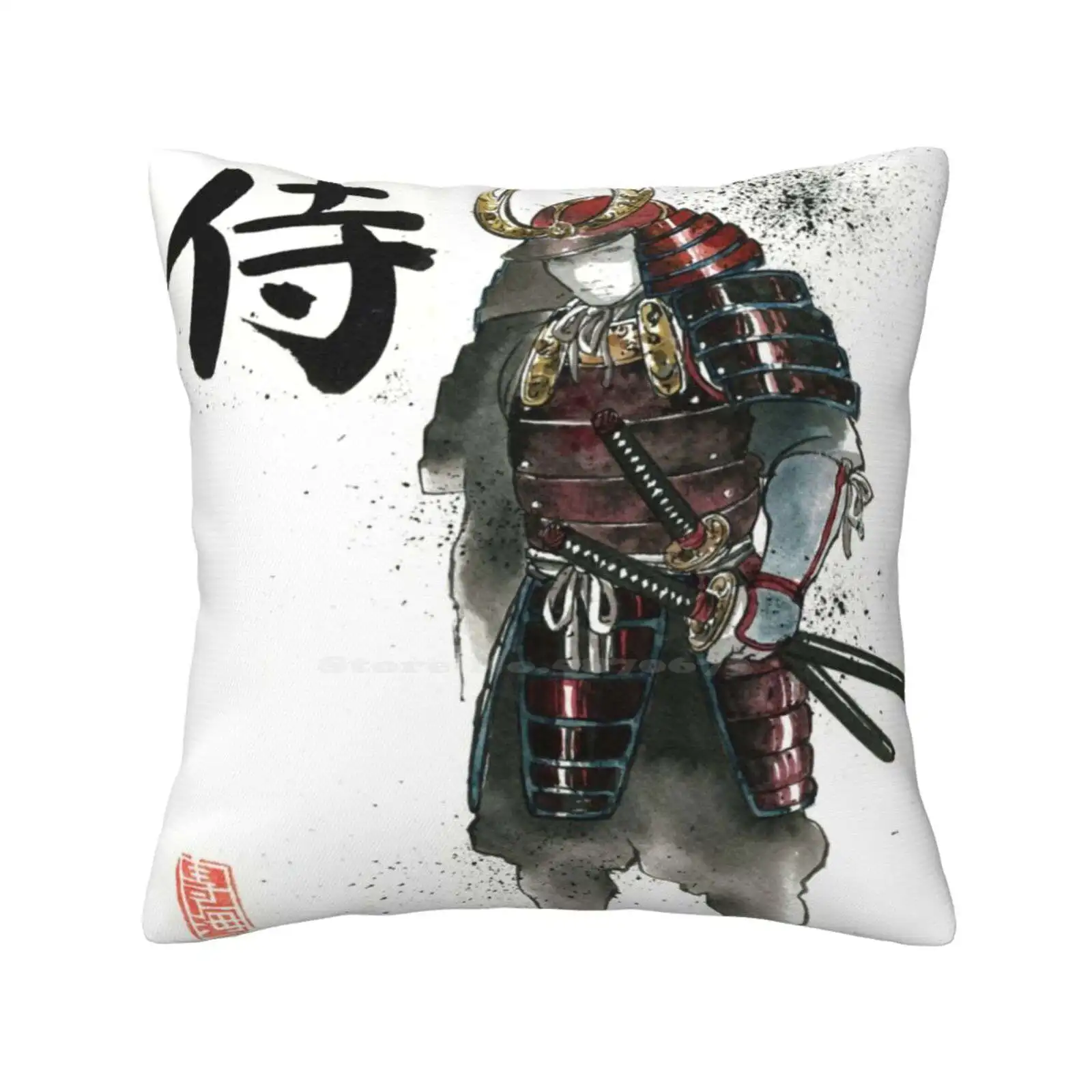 Japanese Calligraphy With Armored Samurai With Sword Pillows Case Bedroom Home Decoration Whiskers Hair Fanart Dan And Phil