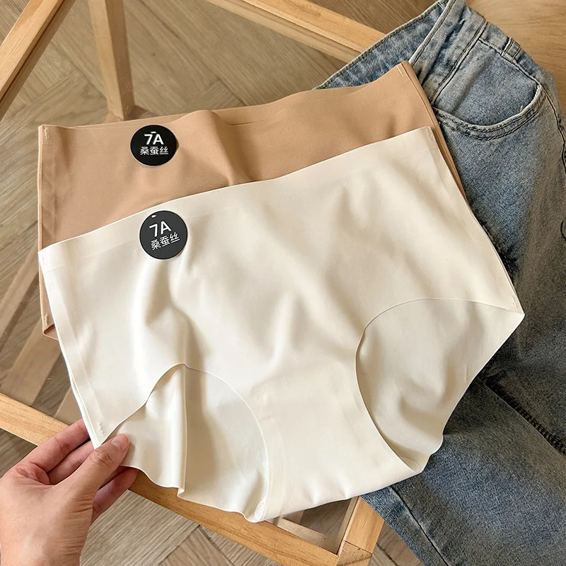 Milk Skin Women Mid Waist Briefs, 7A Mulberry Silk Crotch Underwear, Soft Breathable High Elastic Plus Size Yoga Triangle Pantie