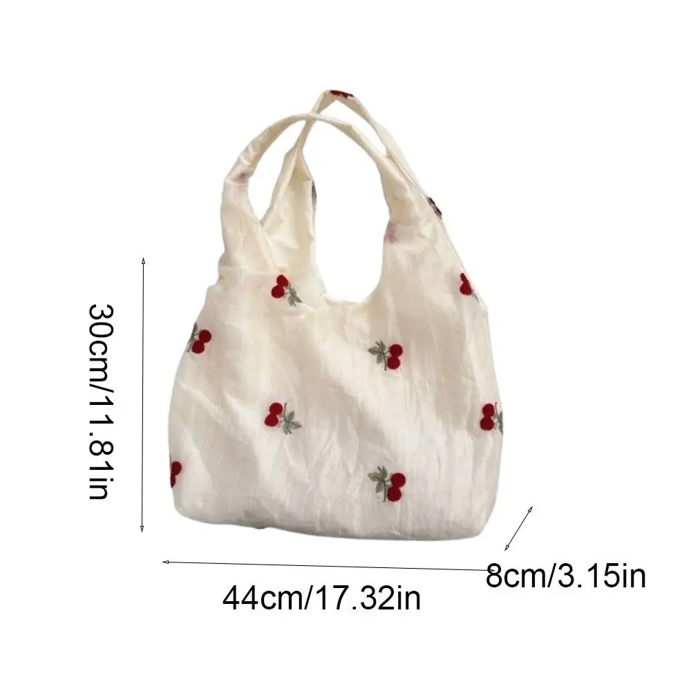 달콤한 수 놓은 활 토트 백 쉬폰 솔리드 컬러 체리 숄더 백 대용량 경량 캔버스 겨드랑이 가방 쇼핑
