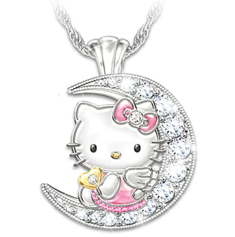 ใหม่ Sanrio Hello Kitty อะนิเมะน่ารัก Kawaii Creative Moon สไตล์แมวสร้อยคอการ์ตูนเด็กง่ายจี้วันหยุดของขวัญ