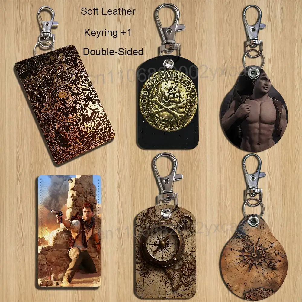 

game Historical Secrets Uncharted Leather Keychain Badge Holder with Lanyard - ID/Access Card Holder, Key Ring Accessory Option
