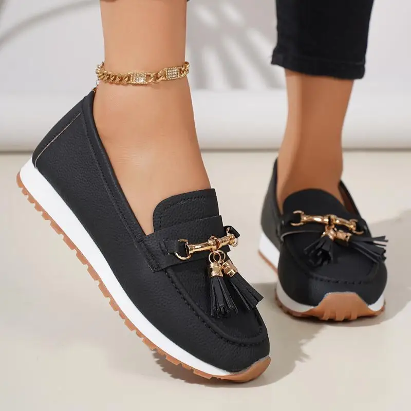 

Модные женские лоферы без шнуровки с кисточками, лето 202, туфли-лодочки на танкетке с круглым носком и низким каблуком, нескользящая повседневная обувь на мягкой подошве