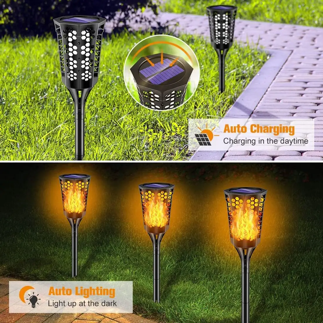 Solar Torch Lights With Flashing Flame,Waterproof Auto On/Off Outdoor Lights For Garden Courtyard Deck Decoration