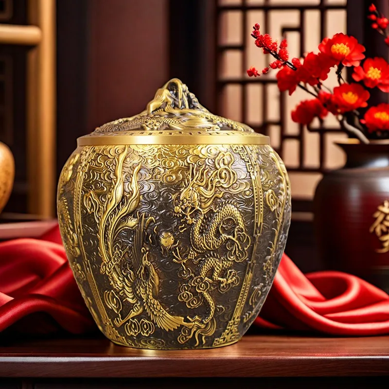 All-brass embossed dragon and phoenix tea caddy, a decorative storage container for home use, a copperware gift item